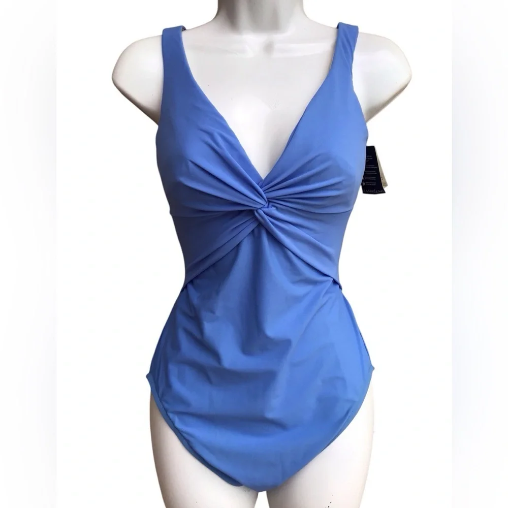 Lands End Blue Slender Suit Wrap One Piece Swimsuit NEW